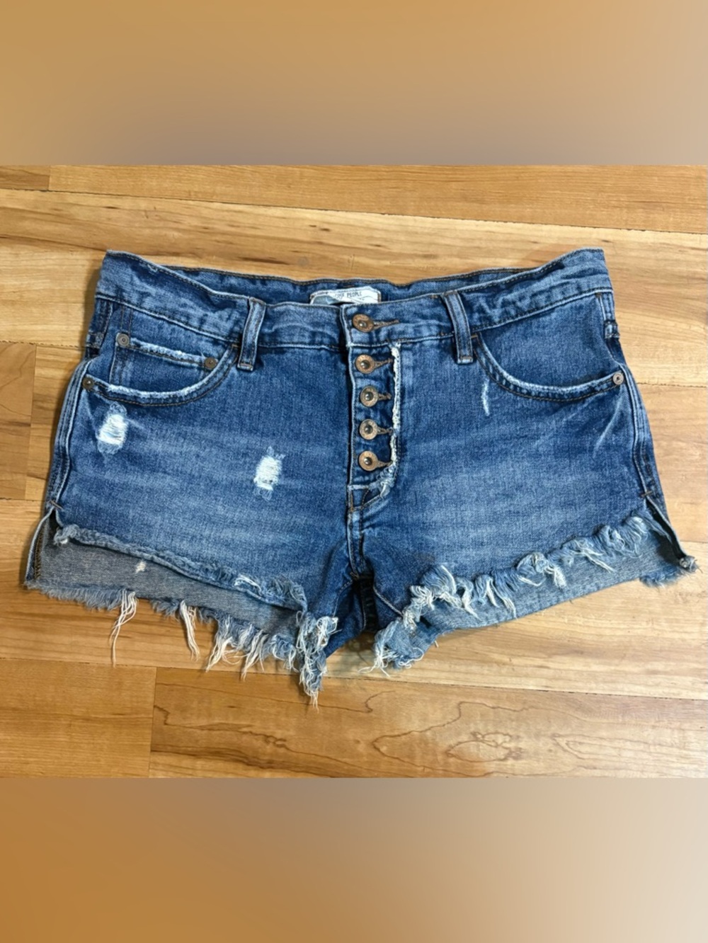 Free People, Distressed Fray Hem Button Fly Jean Shorts, Size 26